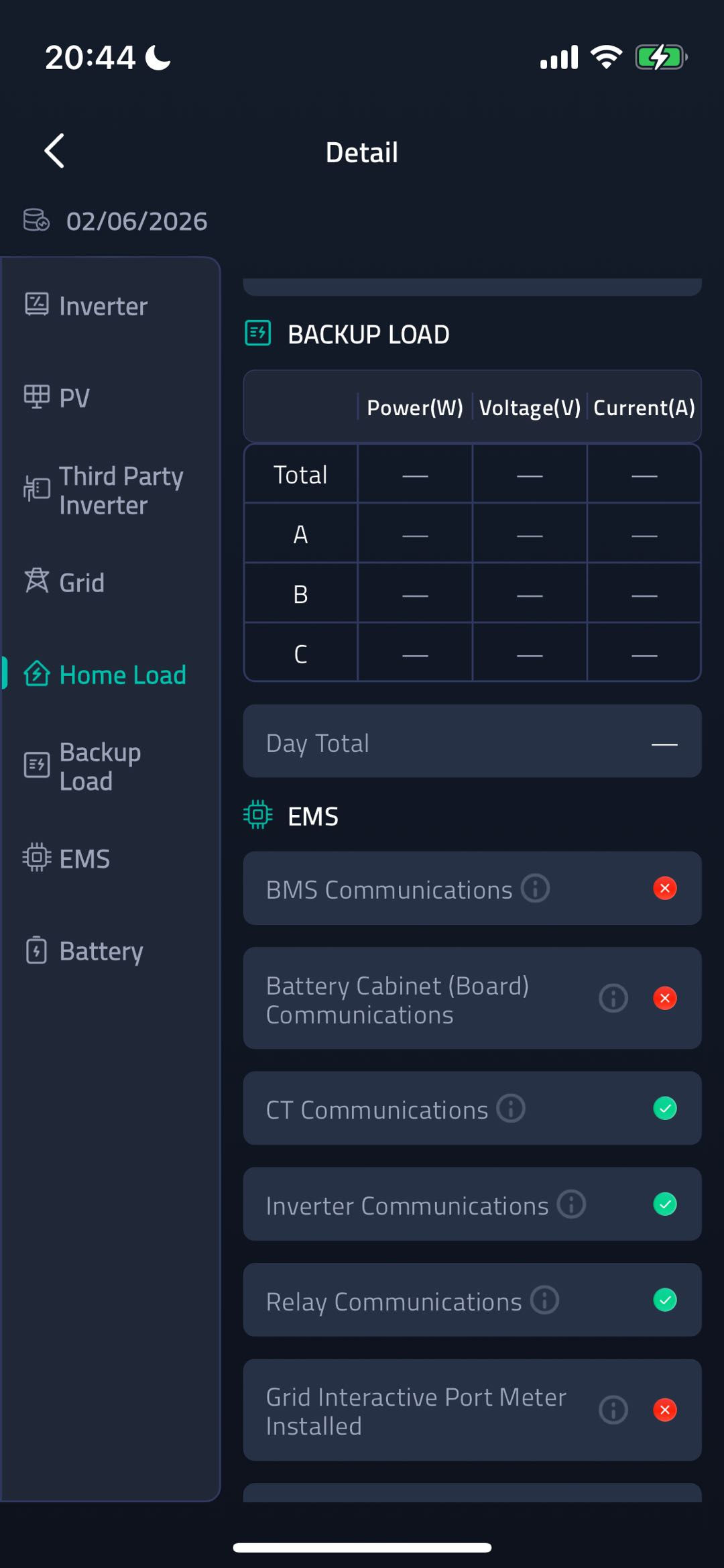Backup Load And EMS Status screenshot