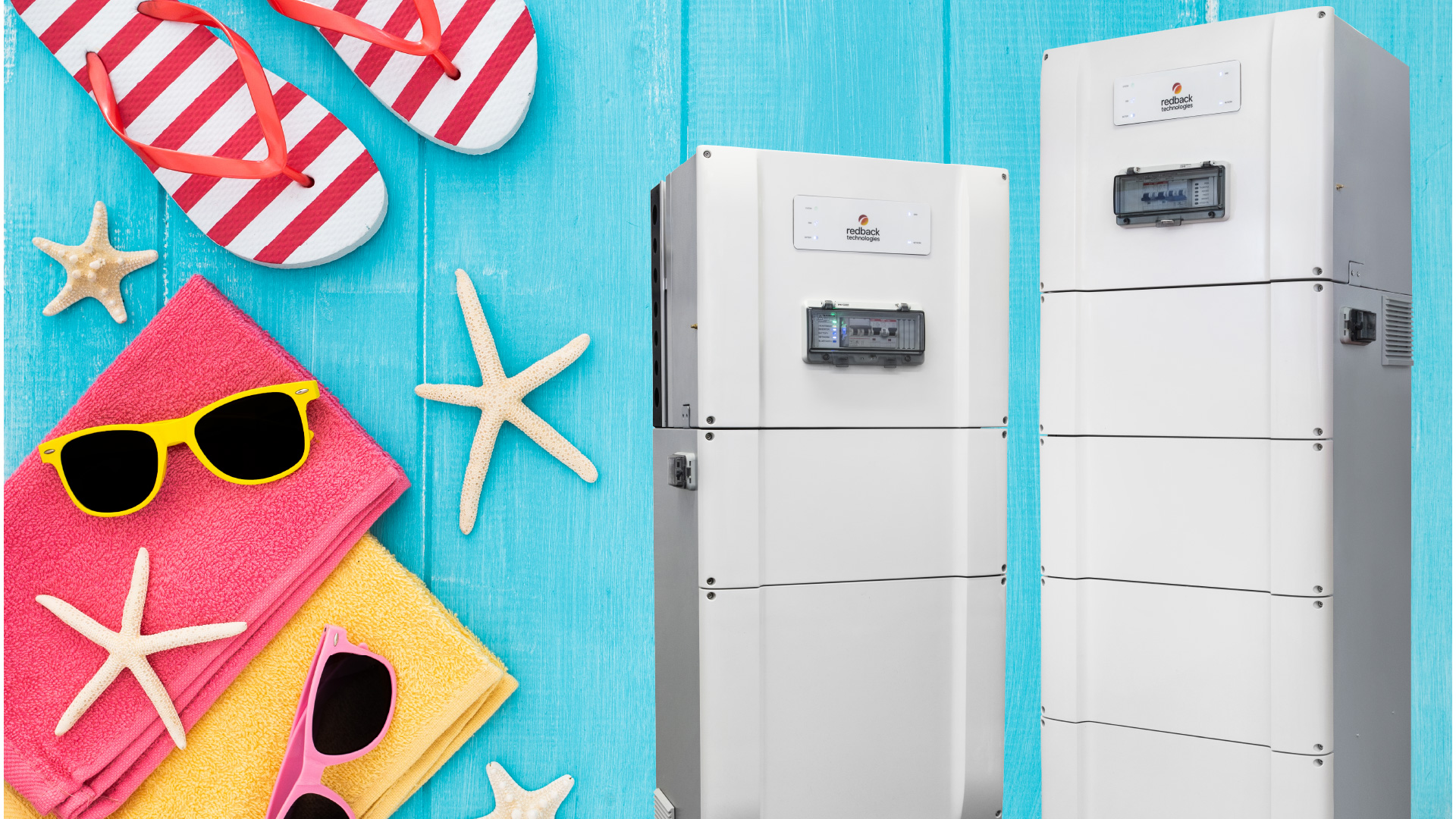 Redback Technologies solar battery units surrounded by summer accessories