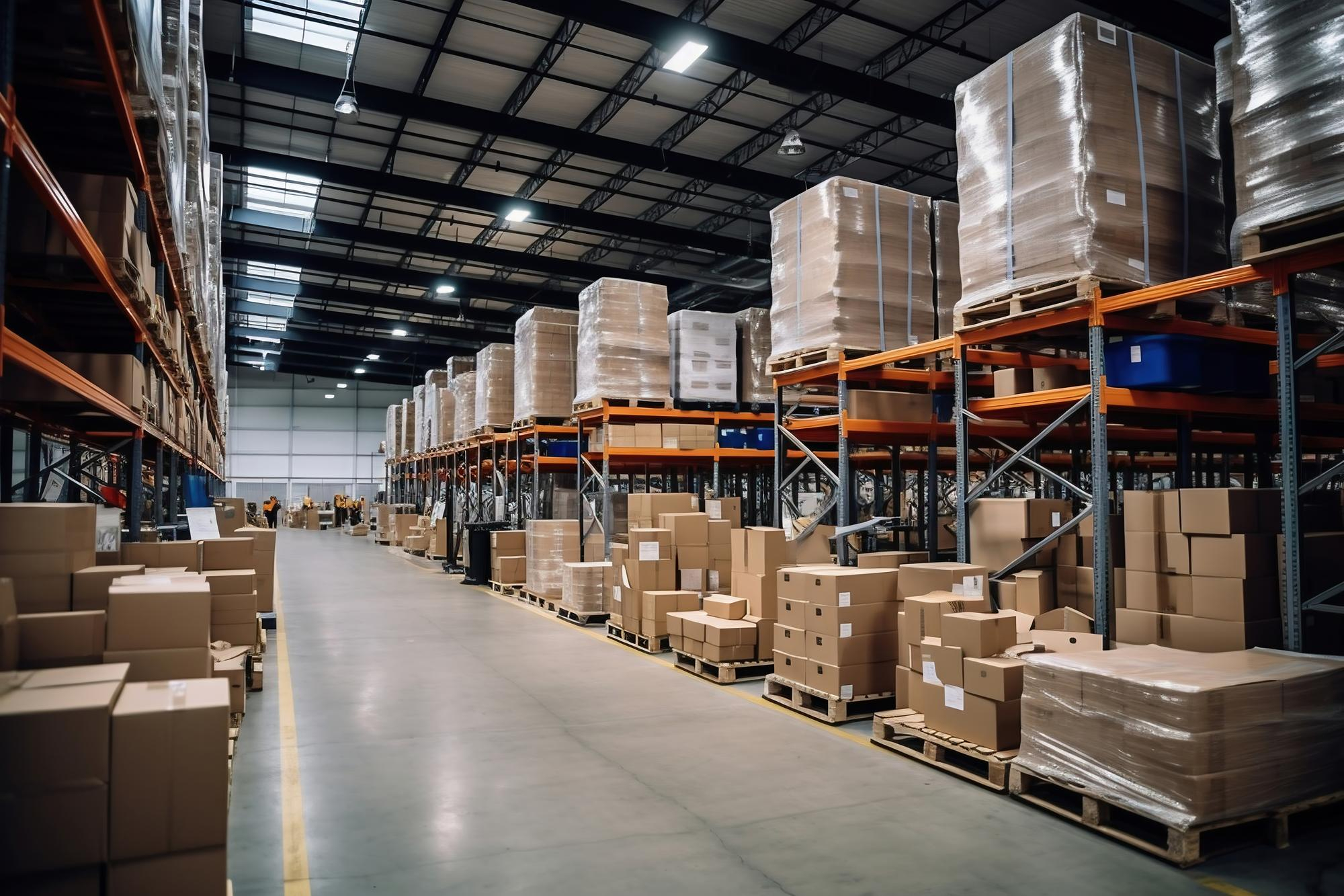 A huge warehouse filled with neatly stacked boxes